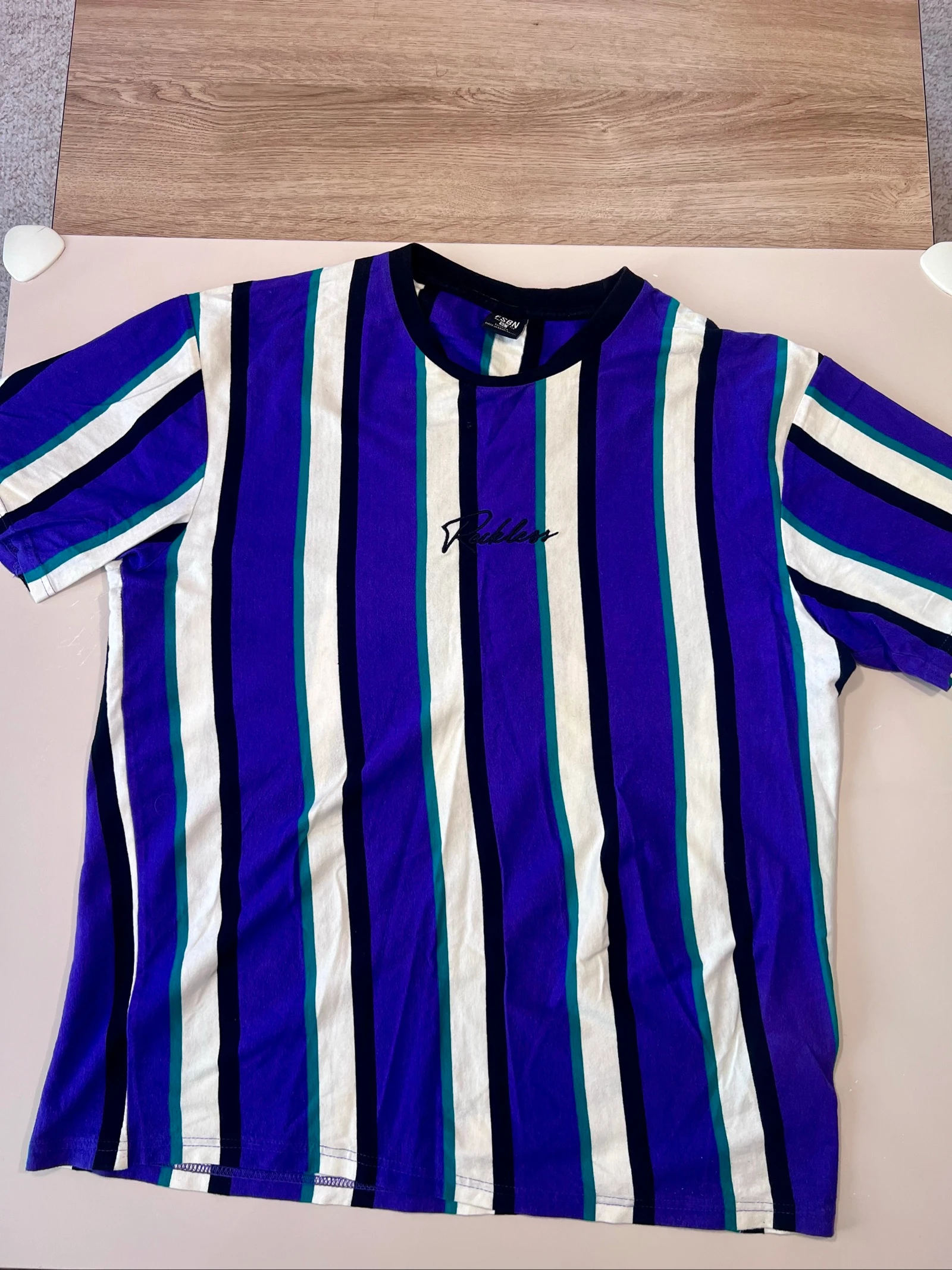 T-shirt homme FSBN à rayures verticales rétro (Violet, Blanc & Vert) - Taille XL